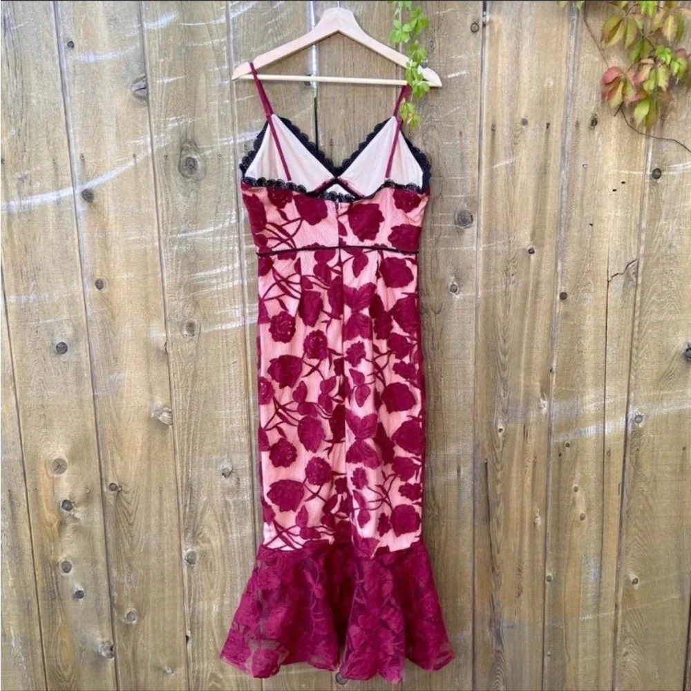 Burgundy Floral Mesh Lace Trumpet Midi Dress πΏ - Picture 7 of 12
